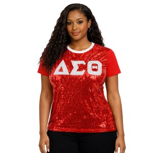 Maglietta Rossa con Paillettes Delta Sigma Theta per Donne, Vestibilità Comoda, Tessuto Premium, Abbigliamento Casual per Confraternite Greche - Product Image 1