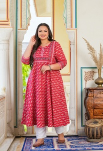 Women's Plus Size Rayon Anarkali Kurti <b>Red</b> Floral Printed Round Neck Comfortable Daily Wear <b>Flared</b> Fit Design Style - Product Image 2