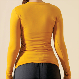 T-shirt pour femme, jaune, manches courtes, col rond, coupe classique, logo, décontracté, tricoté, 100% coton biologique, écologique, séchage rapide, respirant - Product Image 6