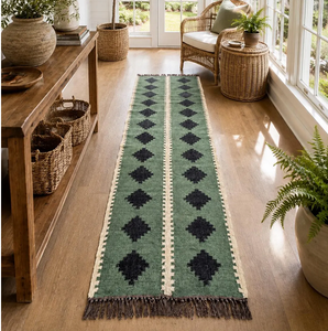 Boho <b>Green</b> Wool Jute <b>Runner</b> Rug Handmade Scandinavian Kilim <b>Carpet</b> Custom Farmhouse Corridor Hallway Entryway Floor - Product Image 1