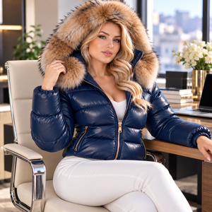 Veste en cuir matelassée pour femme avec capuche en fourrure de renard, veste décontractée tendance, Pufferjacken damen - Product Image 3
