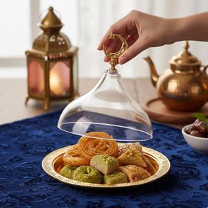 Luxury Ramadan Metal Dates Serving <b>Tray</b> with Dome Lid Gold Crescent Moon Cover Decorative Dessert Display Plate cake stand - Product Image 2