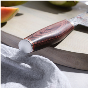 Couteau Bunka de 6,5 pouces avec manche en bois brun, lame martelée argentée et embout rond pour couper et hacher les légumes - Product Image 6