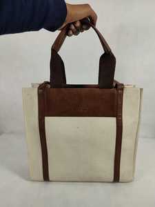 Premium <b>Canvas</b> <b>Tote</b> Shopping <b>Bag</b> with Stylish Brown Pu Leatherite Top Panel, Durable Pu Leatherite Trim and Handles - Product Image 4