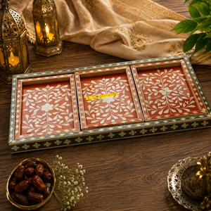 Wedding Mother of Pearl Handicraft Serving Tray Set | Handmade Wood Craft Ramadan Eid Decorative Kitchenware Tray for Home <b>Gift</b> - Product Image 2