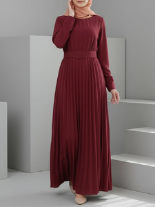 Vestido Maxi Plisado de Gasa con Cuello Redondo y Manga Larga, con Cinturón, Estilo Abaya Elegante y Holgado para Mujeres Musulmanas, Ideal para Fiestas - Product Image 1