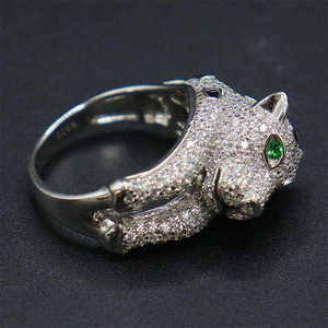 Silver Gold Plated 18k Customizable Weight Panther <b>Ring</b> Brilliant Cut Lab Grown <b>Diamonds</b> Filled Emerald Eyes IGI Certified - Product Image 4