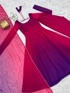 Reversible Georgette Anarkali <b>Saree</b> Set Pink <b>Purple</b> Wedding Party Women's Festive Dress with Dupatta - Product Image 1