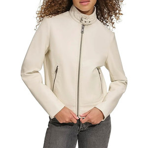 Blouson moto en similicuir crème pour femme, manches longues, col montant, fermeture éclair, style automne, coupe-vent, tissu tissé - Product Image 4