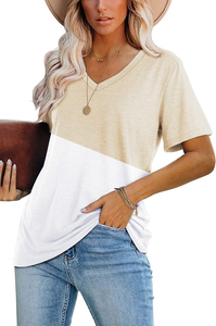 T-shirt décontracté à manches courtes pour femme, rose clair, col en V, tricoté, écologique, anti-boulochage, respirant, en coton compressé, pour l'été - Product Image 6