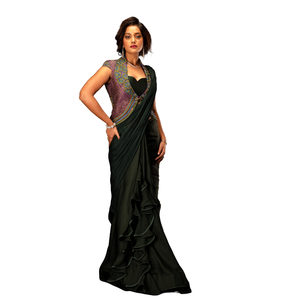 Conjunto de Saree con Chaqueta Esmeralda Peacock para Mujer, 4 Piezas, Estilo Indo Occidental, al Mejor Precio al por Mayor - Product Image 1