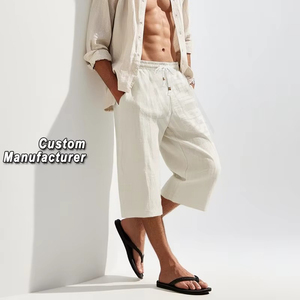 Pantalon Capri Homme 100% Coton Coupe Droite Taille Mi-Haute Élastique avec Cordon de Serrage Jambe Large Décontracté Léger pour l'Automne et la Plage - Product Image 1