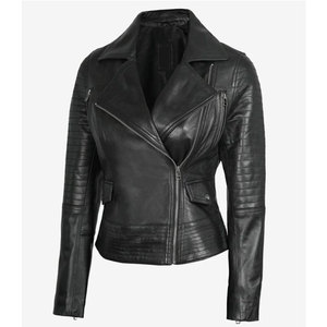 2026 New Design Ladies Black Real Leather Moto <b>Jacket</b> Quilted Sleeve Asymmetrical Biker Style Women’s Leather Outerwear - Product Image 1