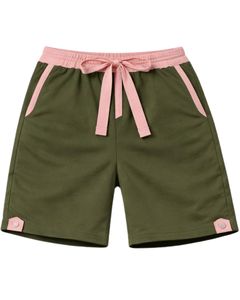 ชุดเซ็ตเสื้อกล้ามและกางเกงขาสั้นสีเขียวมะกอกสำหรับผู้ชาย แต่งขอบสีชมพู พร้อมเชือกผูกเอว ชุดลำลองฤดูร้อนผ้าฝ้ายสองชิ้น - Product Image 4