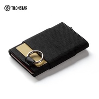 TVC212 kotak kartu bank aluminium logam, dompet kain elastis kantung Pop-up otomatis pemegang kartu kredit RFID dengan cincin gantungan kunci