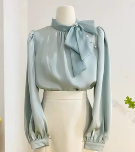 Wholesale Women's Shirt Tops, High-quality Long Sleeved Office V-neck <b>Satin</b> Shirts, Lapel Shirts for Women - Product Image 1