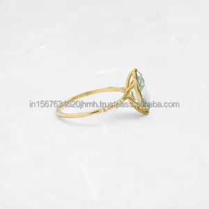 Green Marquise Cut Diamond Ring in Yellow Gold with Side Accent Diamonds Minimal Solitaire Engagement Ring for Women Fine Ring - Product Image 3