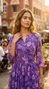 Purple Floral Print Chiffon Midi Dress V-Neck <b>Three</b> Quarter Sleeve A-Line Loose Casual Summer Wear Breathable Layered Hem - Product Image 4