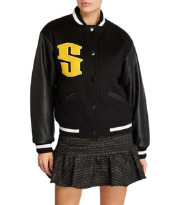 Chaqueta Varsity de Lana de Invierno de Alta Calidad con Mangas de Cuero Genuino, Bordado de Letras en Chenilla, Chaqueta de Béisbol Transpirable para Mujer - Product Image 3