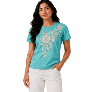 T-shirt en coton à col rond brodé de fleurs blanches pour femme, manches courtes, décontracté, personnalisé, OEM, premium, mode estivale - Product Image 1