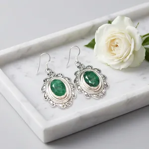 Boucles d'oreilles pendantes en argent sterling 925 avec quartz vert, pierre précieuse ovale, filigrane vintage, style bohème, bijoux ethniques faits à la main pour femmes - Product Image 3