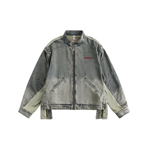 Blouson Bomber en Denim Réversible Écologique Unisexe Vintage Streetwear Color Block Col Rabattu Fermeture Éclair Lavé - Product Image 4