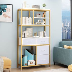 6-Layer Bookshelf 4 Drawers Particleboard Iron Frame Non-Woven Fabric 90*30*174cm Gold Frame White Desktop Drawer Organizer - Product Image 1