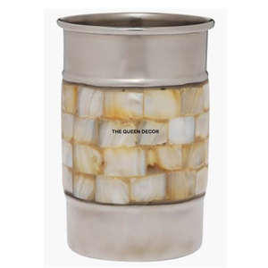 Golden Finished Round Aluminum Metal Accessory Fully <b>Hammered</b> Textured Brush Holder with Openwork Design for Bathrooms - Product Image 3