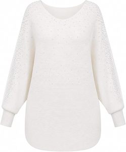 White Oversized Knit Sweater With <b>Sequined</b> Drop-Shoulder <b>Long</b> <b>Sleeve</b> O-Neck Autumn <b>Top</b> Women's Breathable Solid Design - Product Image 1