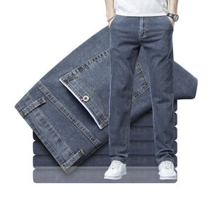 Jeans slim homme de haute qualité, coupe droite, taille mi-haute, en denim extensible, bleu/noir, avec poches boutonnées décoratives, vente en gros - Product Image 4