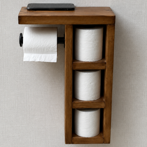 Porte-papier toilette mural en teck massif avec étagère de rangement et design d'organisateur de salle de bain moderne - Product Image 1