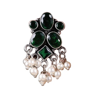 Antique Oxidized <b>Silver</b> Green Stone Drop <b>Earrings</b> with <b>Pearl</b> Hanging Wholesale Bulk | Ethnic Designer Jewelry Manufacturer - Product Image 1