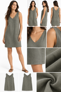 Robe sans manches en coton tissé uni, style vacances, vert sauge, la plus vendue, pour un look décontracté, longueur genou, vente en gros - Product Image 3