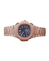 Montre de luxe en moissanite et diamant avec bracelet simple pour homme, montre en or rose avec cadran bleu, idéale pour les mariages et les soirées.