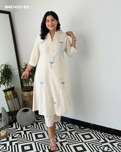 Nueva Colección de Conjuntos Kurti Plazzo Blancos de Algodón 60*60 con Estampado de Aves, Listos para Usar, Venta al Por Mayor, Fabricante de la India - Product Image 2