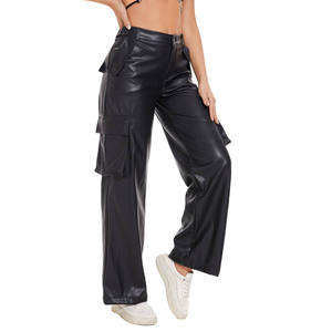 Pantalones Rectos de PU de Cintura Alta para Mujer, Corte Regular, Largos, con Bolsillos Utilitarios, Frente Plano, Cierre de Botones, Color Sólido, Estilo Urbano, Invierno - Product Image 5