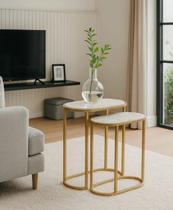 Modern Marble Top Nesting Tables with Gold Metal <b>Frame</b> Minimalist Indoor Side Table Set - Product Image 1