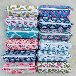 Indian Hand Block Printed Floral Eco-Friendly Greenish Cotton Handled Lightweight <b>Case</b> Quilted <b>Makeup</b> Pencil Travel Wash Zipper - Product Image 2