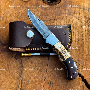 Damascus Steel OEM Handmade Back Lock Folding Multi-Functional Outdoor Hunting <b>Knife</b> Clip Point Blade Stag Horn Rosewood <b>Handle</b> - Product Image 5