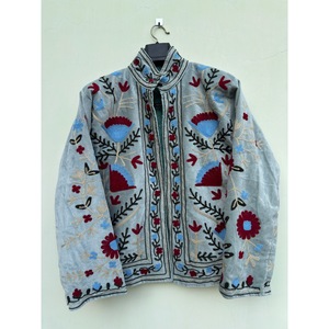 SHYAM EXPORT Hand Embroidered Floral Cotton Velvet <b>Jacket</b> with <b>Mandarin</b> <b>Collar</b> and Full Sleeves in Light Blue and Red Pattern - Product Image 2