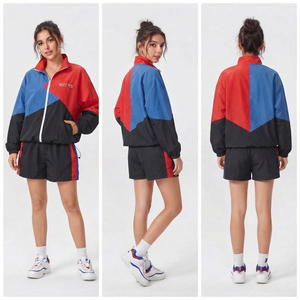 Conjunto Deportivo para Mujer con Bloques de Color, Chaqueta Cortavientos con Cuello Alto y Pantalones Cortos, Ligero, de Secado Rápido, de Nailon - Product Image 5