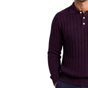 Pull polo côtelé en maille plumé à manches longues, col boutonné, décontracté, doux et chaud pour l'hiver, personnalisable avec logo, vêtement de mode premium pour homme - Product Image 3