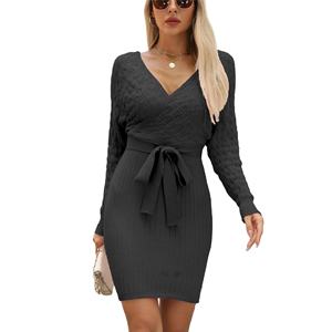 Vestidos de suéter de punto acanalado con cuello en V ancho, cintura alta y lazo frontal para mujer, estilo mini cruzado, venta al por mayor de fábrica de ropa, personalizados para otoño - Product Image 6