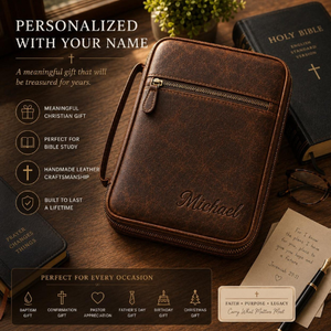 Personalized Leather Bible Cover Zippered Study Organizer Case Custom Name Genuine Leather Bible <b>Sleeve</b> with Handle - Product Image 5