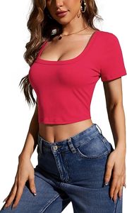 Blusa Casual de Punto para Mujer, Color Sólido, Cuello Cuadrado, Manga Corta, Corte Regular, Mezcla de Algodón y Spandex, Primavera-Verano - Product Image 6