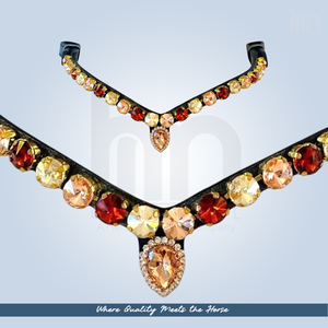 Accesorios de equitación: Elegante diadema de cuero con forma de V profunda, con colgante de cristal en forma de lágrima de topacio ámbar y granate, y diamantes de imitación. - Product Image 2