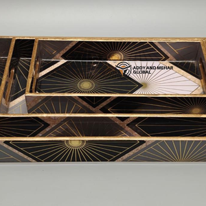 ชุดถาดเสิร์ฟลายเรขาคณิตสีดำและสีทอง 3 ชิ้น ทำจาก MDF และกระดาษ สำหรับตกแต่งบ้านและเสิร์ฟอาหาร - Product Image 4