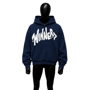 Sweat-shirt à capuche bleu marine avec lettrage graffiti blanc audacieux, style streetwear oversize, mode urbaine décontractée moderne - Product Image 1