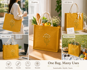Sac fourre-tout en jute jaune avec fleurs brodées, grande taille, sac de shopping à porter à la main - Product Image 3