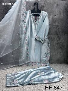 Conjunto de Salwar-Suit-Dupatta de Satén Malai de Primera Calidad con Bordado Multihilo y Listo para Usar, Exportador de Moda Femenina - Product Image 4